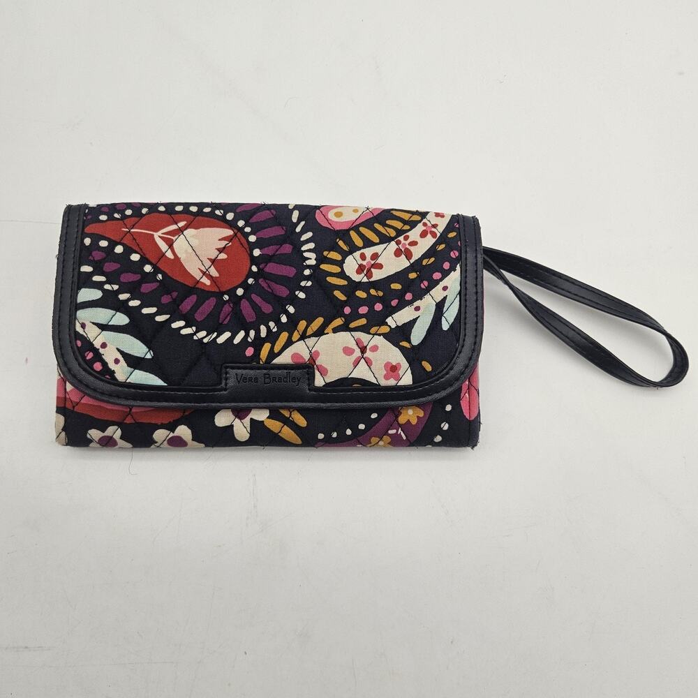 Vera Bradley‎ Wristlet Wallet Womens Black Multicolor Paisley Quilted Zip Snap